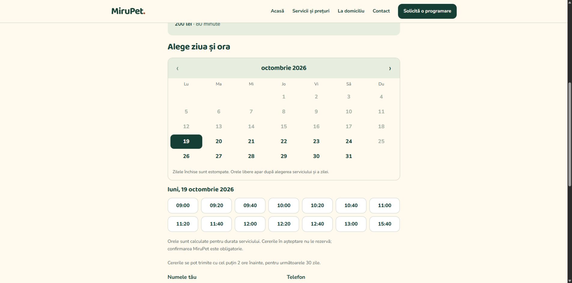 MiruPet appointment request calendar with public salon availability and a confirmation notice, without customer data