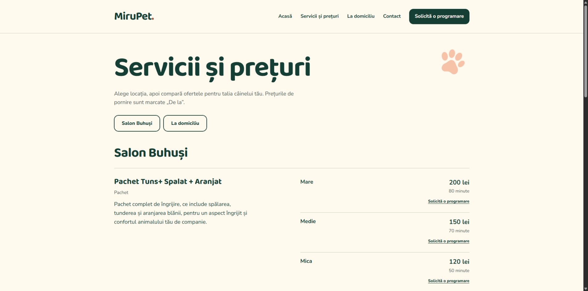 MiruPet public service catalogue with salon prices and durations by dog size