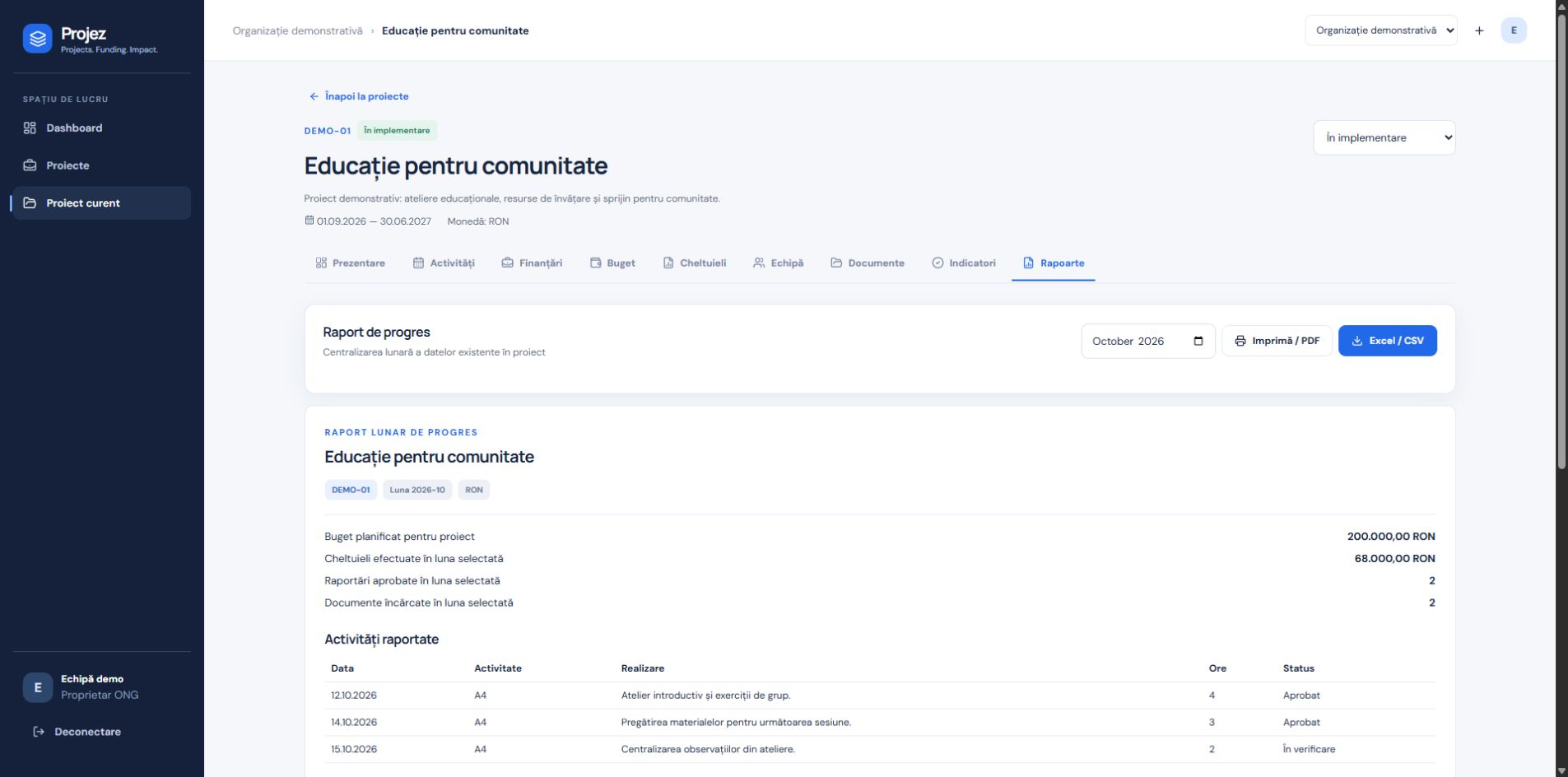 Projez monthly progress report with activity records and CSV and print controls, using fictional demo data