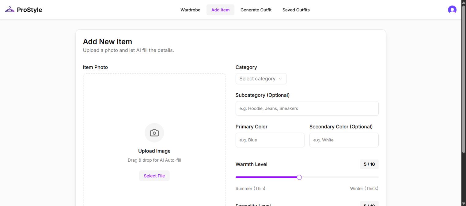 ProStyle item entry screen with photo upload and clothing attributes