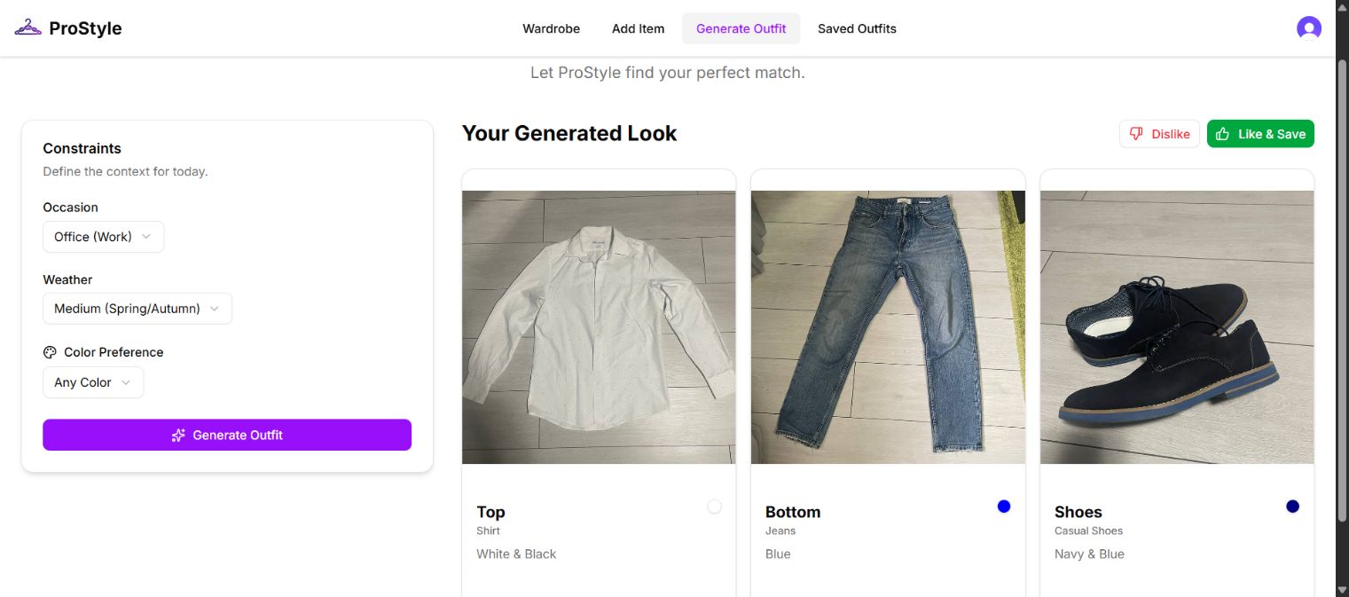 ProStyle outfit generator showing an office look and contextual controls