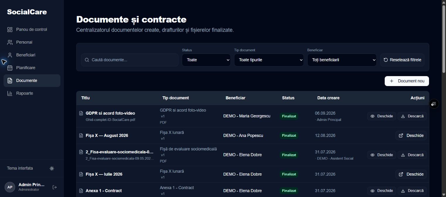 SocialCare private document management screen with demonstration data