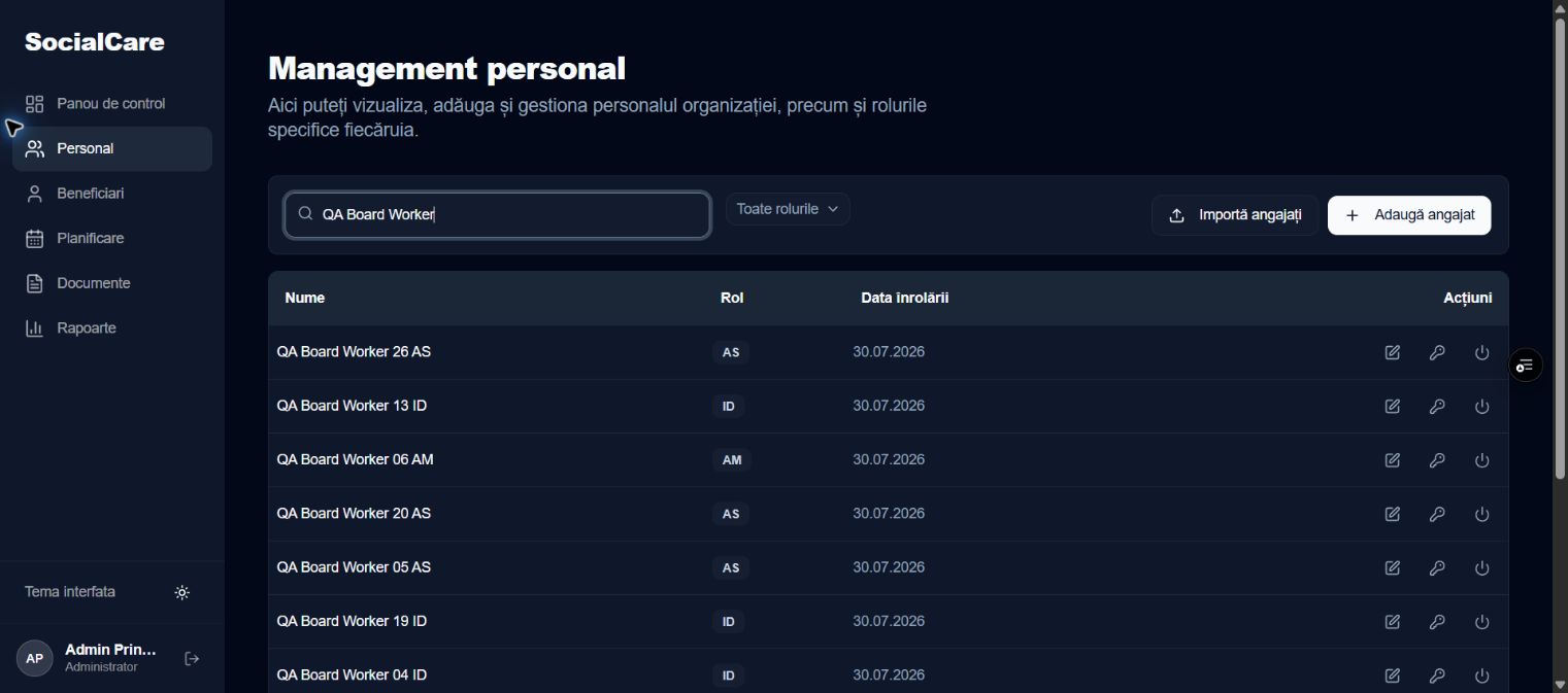 SocialCare staff management screen using demonstration accounts